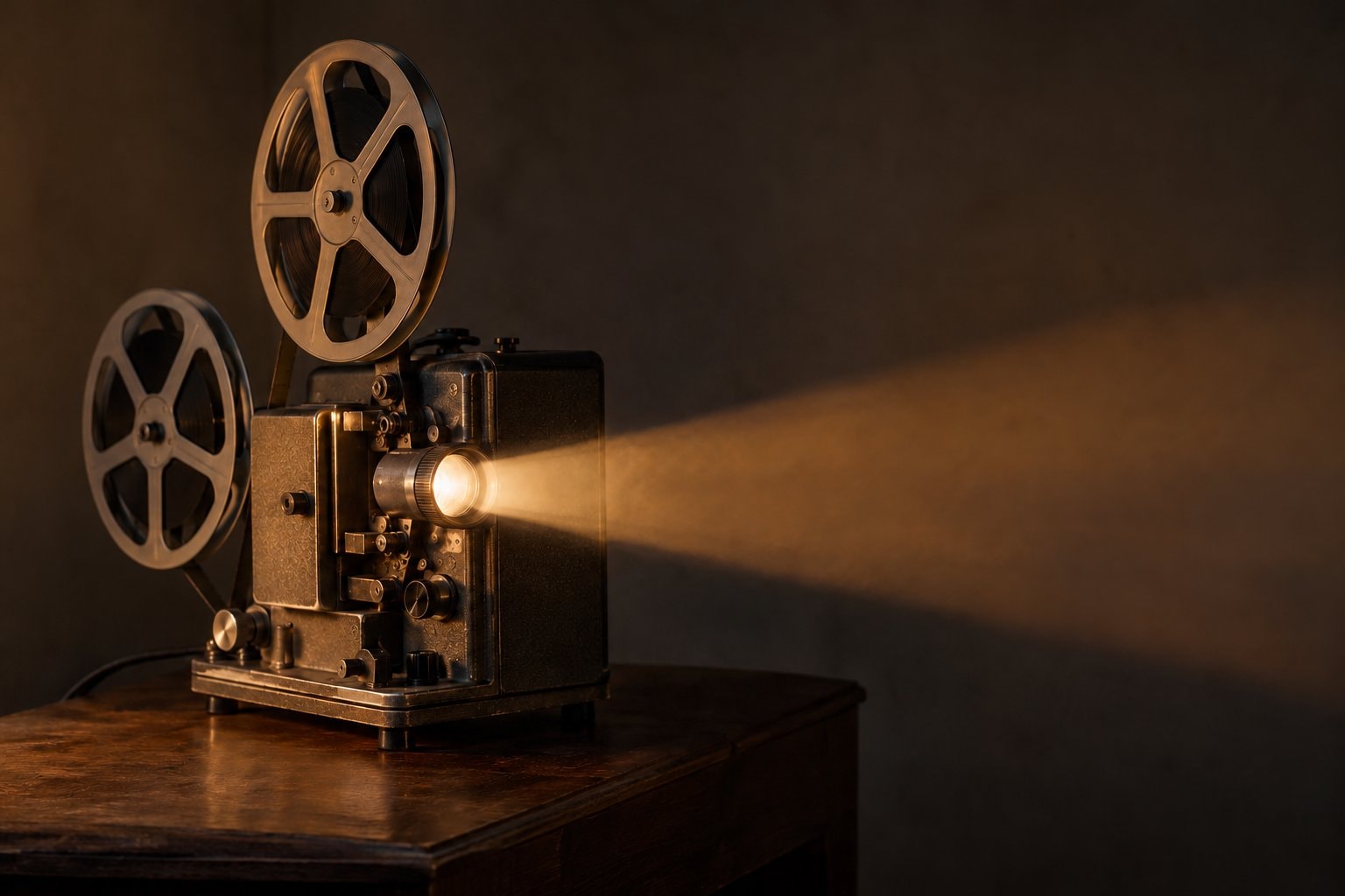 A vintage film projector casting a beam into a dark room